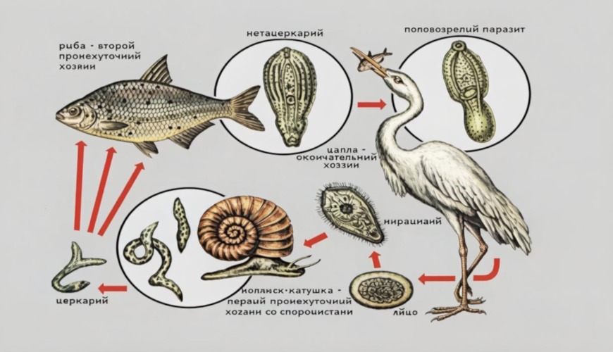 Postodiplostomum cuticola цикл развития